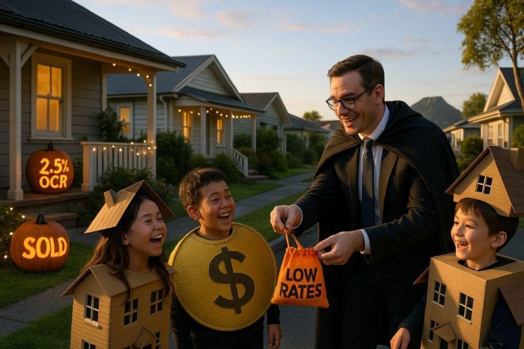 Cheerful Tauranga street on Halloween with pumpkins carved 2.5 % OCR, a banker in a cape handing out Low Rates lolly bags to kids dressed as houses and coins, Mount Maunganui in background.