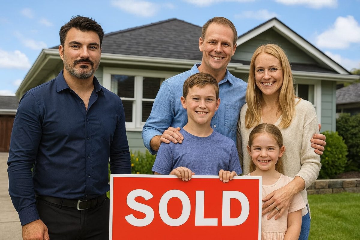 Why Work With Us | Best Mortgages NZ Happy Tauranga family standing outside their new home with a SOLD sign and their mortgage broker