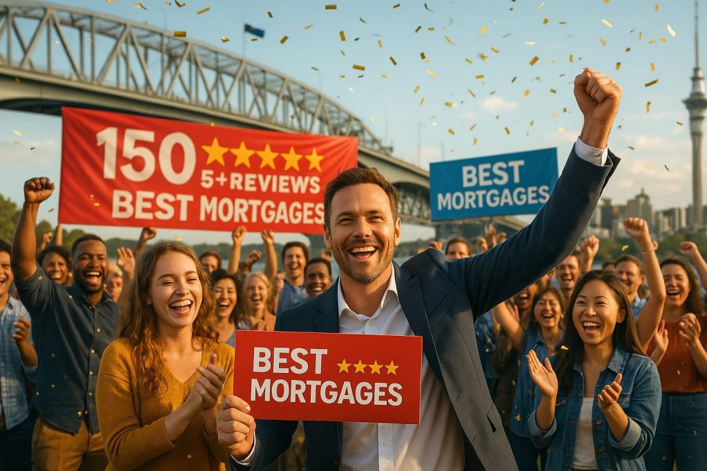 Why Work With Us | Best Mortgages NZ Group celebrating 150 five-star reviews for Best Mortgages with banners and confetti