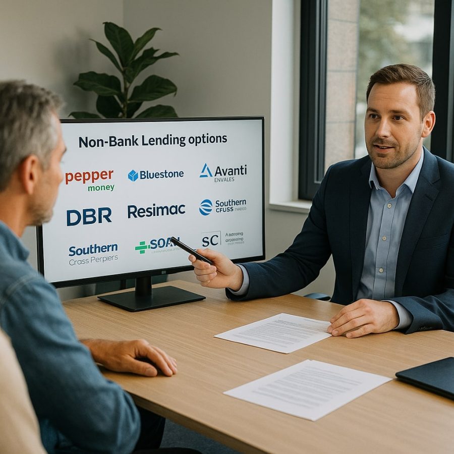 Self-Employed & Non-Bank Loans | Best Mortgages NZ Self-employed Tauranga business owner meeting with a mortgage adviser to secure a non-bank home loan