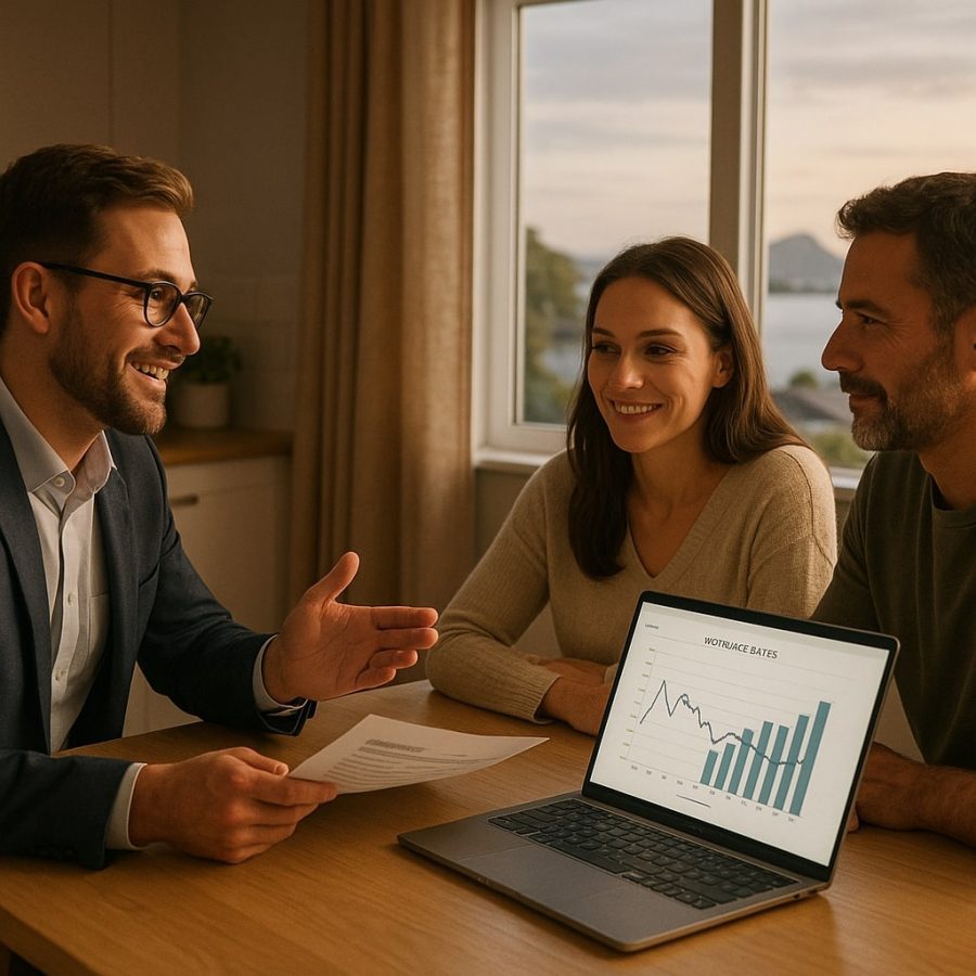 Refinancing | Best Mortgages NZ Tauranga couple meeting with a mortgage broker to review refinance options and interest rates