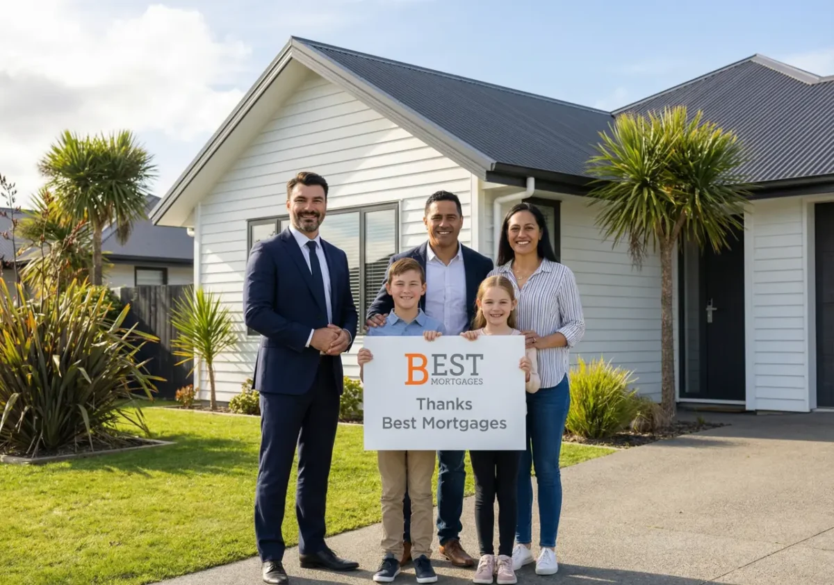 Eddie Biesenbach with a Kiwi family outside a Tauranga home holding a Thanks Best Mortgages sign.