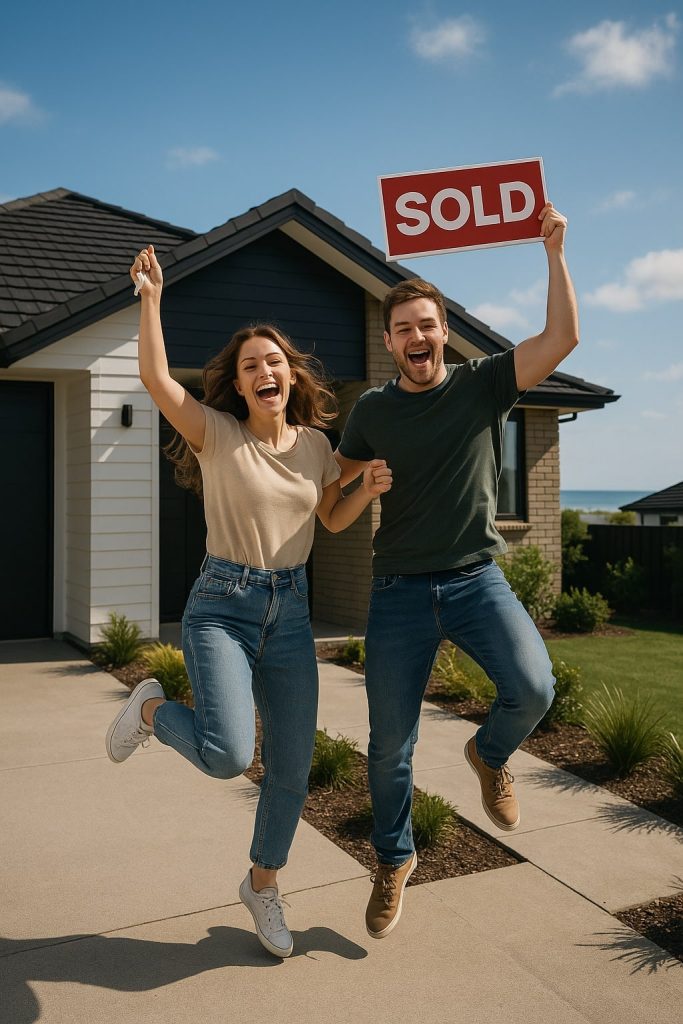 First Home Buyers | Best Mortgages NZ First home buyer couple celebrating with a SOLD sign in front of their new Papamoa home