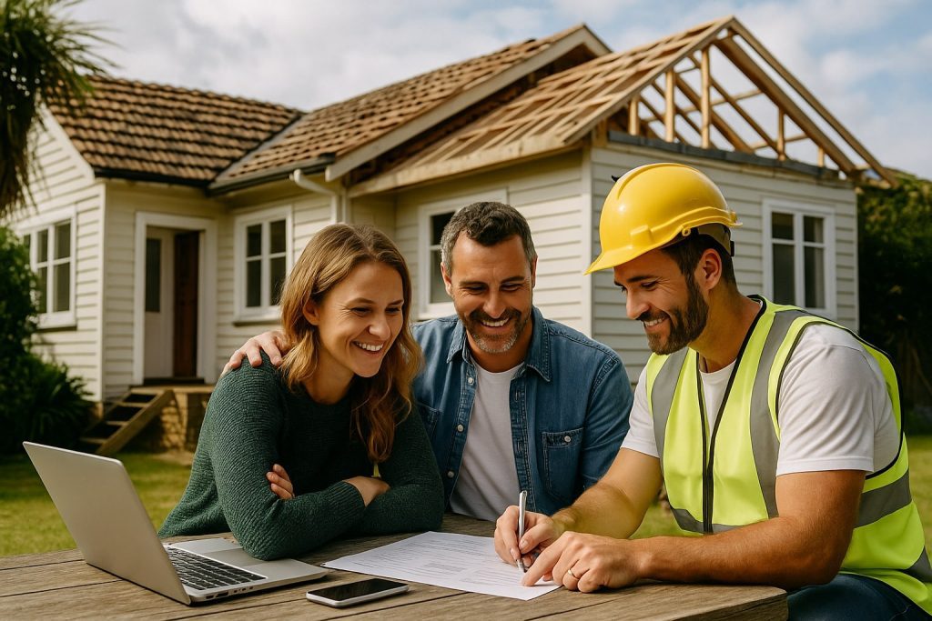Construction & Renovation Loans | Best Mortgages NZ Tauranga couple reviewing construction loan plans with a mortgage adviser