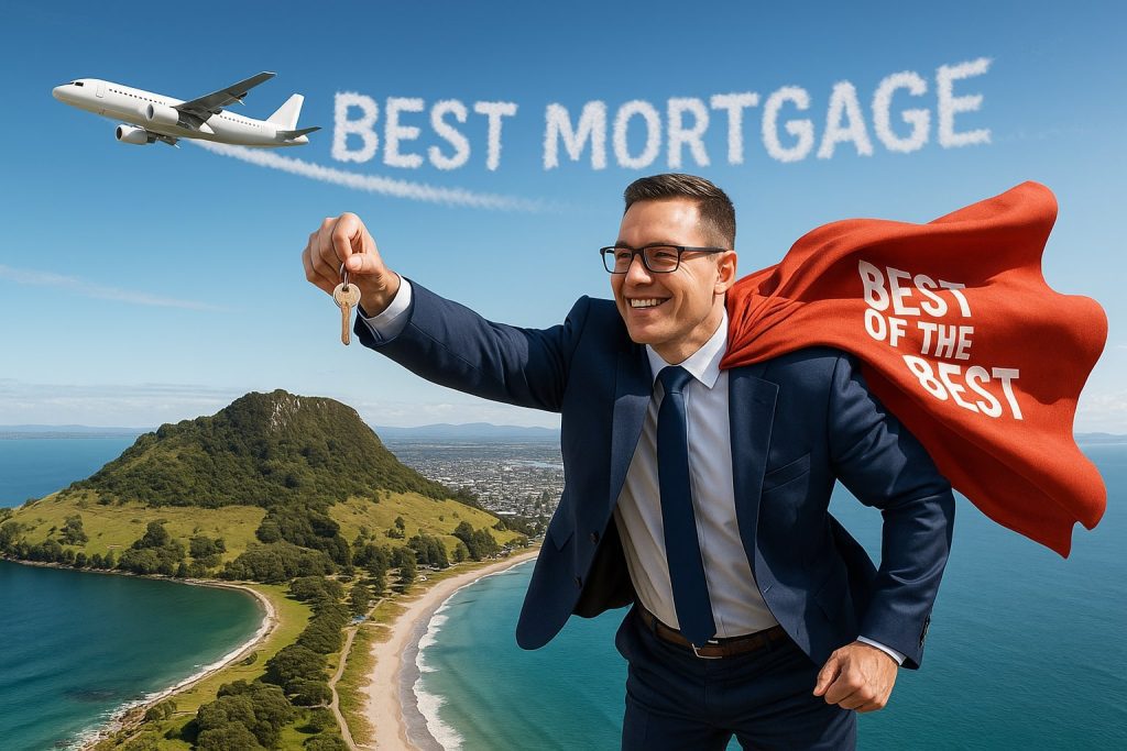 Mortgage Broker Tauranga | Best Mortgages NZ Tauranga mortgage broker dressed as a superhero flying over Mount Maunganui holding house keys