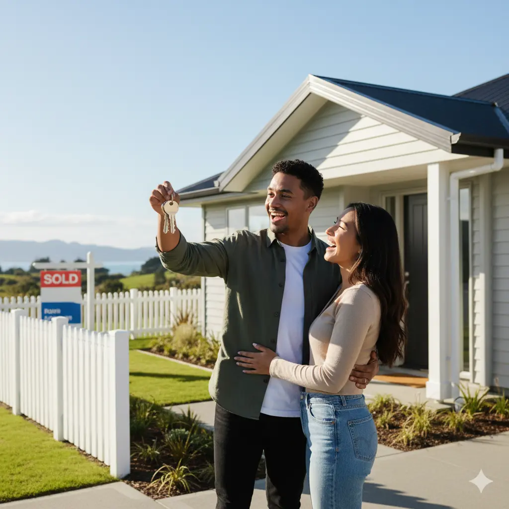 Happy New Zealand couple holding new house keys in front of their modern first home with a 'SOLD' sign in the Bay of Plenty.