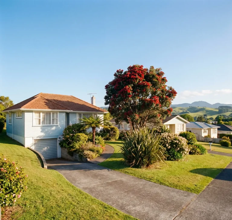 Bellevue | Best Mortgages NZ Illustration of weatherboard homes, gardens and a flowering pohutukawa on a sloping street