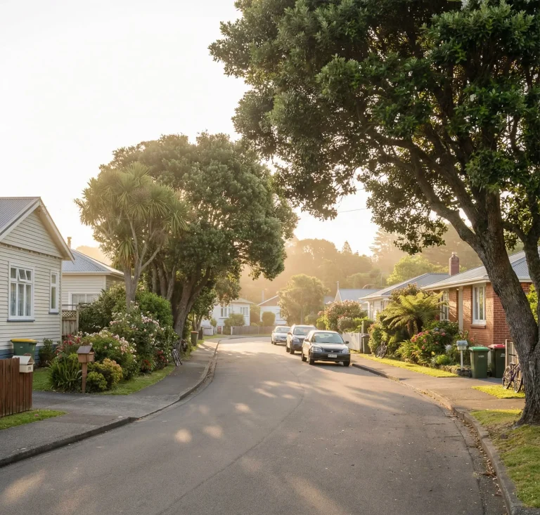Brookfield | Best Mortgages NZ Illustration of established weatherboard and brick homes on a leafy street with parked cars