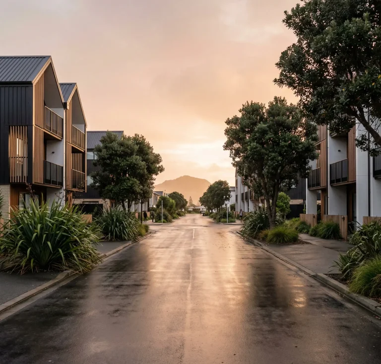 Illustration of modern homes along a tree-lined street with a coastal hill in the distance