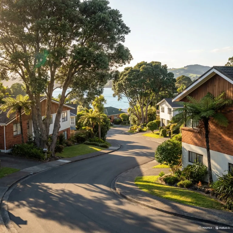 Otumoetai | Best Mortgages NZ AI illustration of homes on a sloping street overlooking a harbour