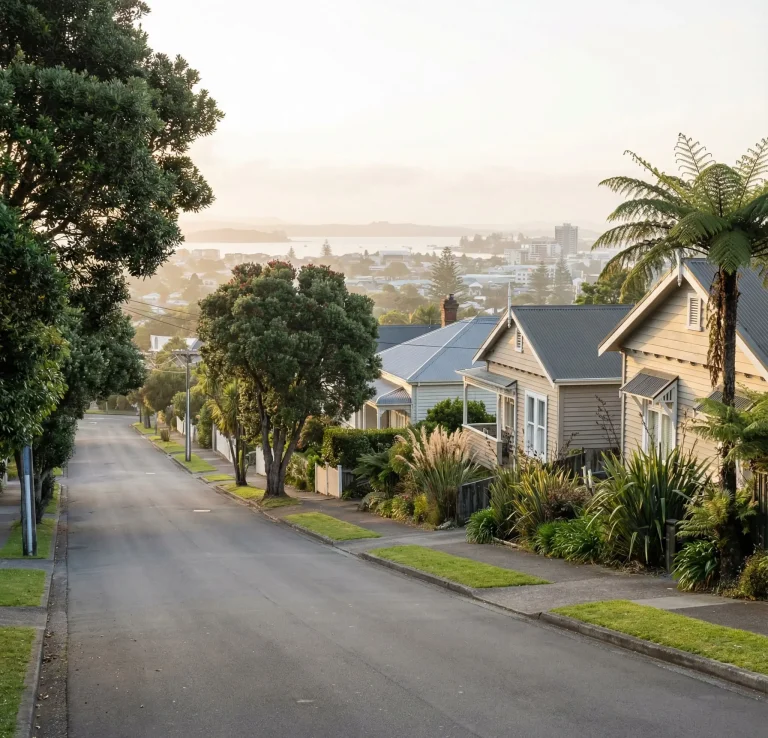 Illustration of weatherboard homes on a tree-lined street overlooking a city and harbour