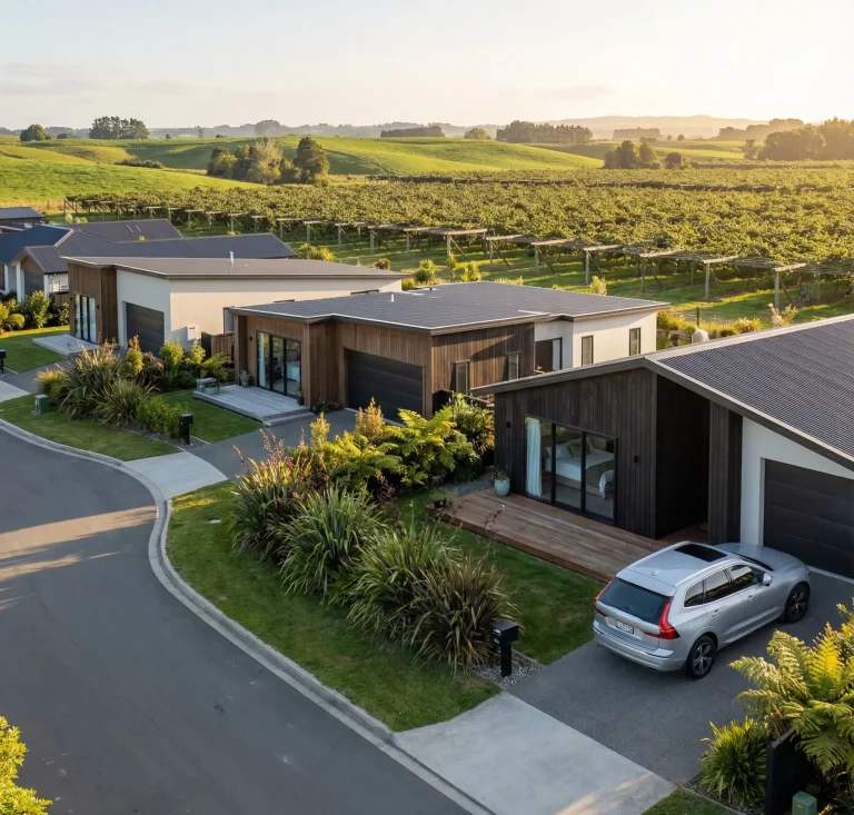 Illustration of modern homes and gardens beside orchards and green countryside