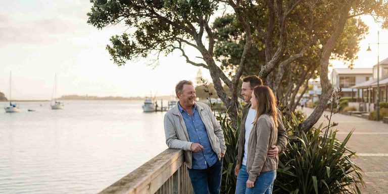 Mortgage broker talking with clients along the Tauranga waterfront.
