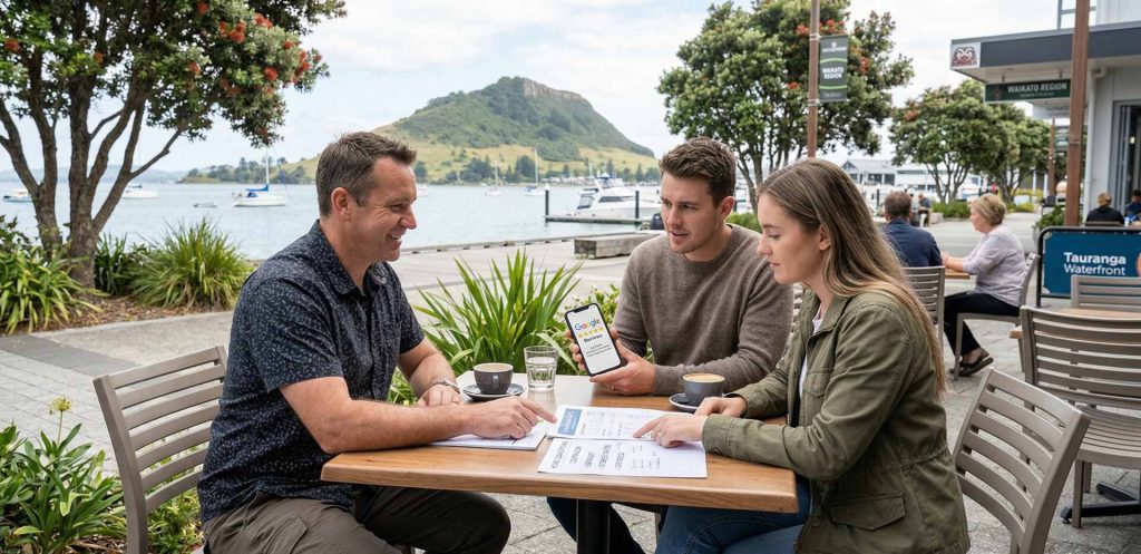 Mortgage broker in Tauranga discussing client reviews and home loan options with a couple