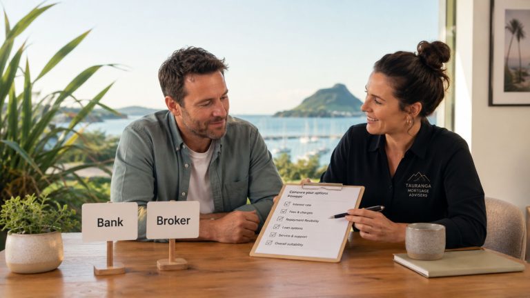 Mortgage broker vs bank NZ comparison for Tauranga buyers discussing home loan options