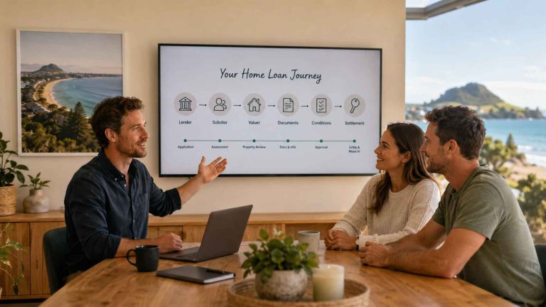 Mortgage broker coordinating lender solicitor valuer and loan conditions for Tauranga buyers