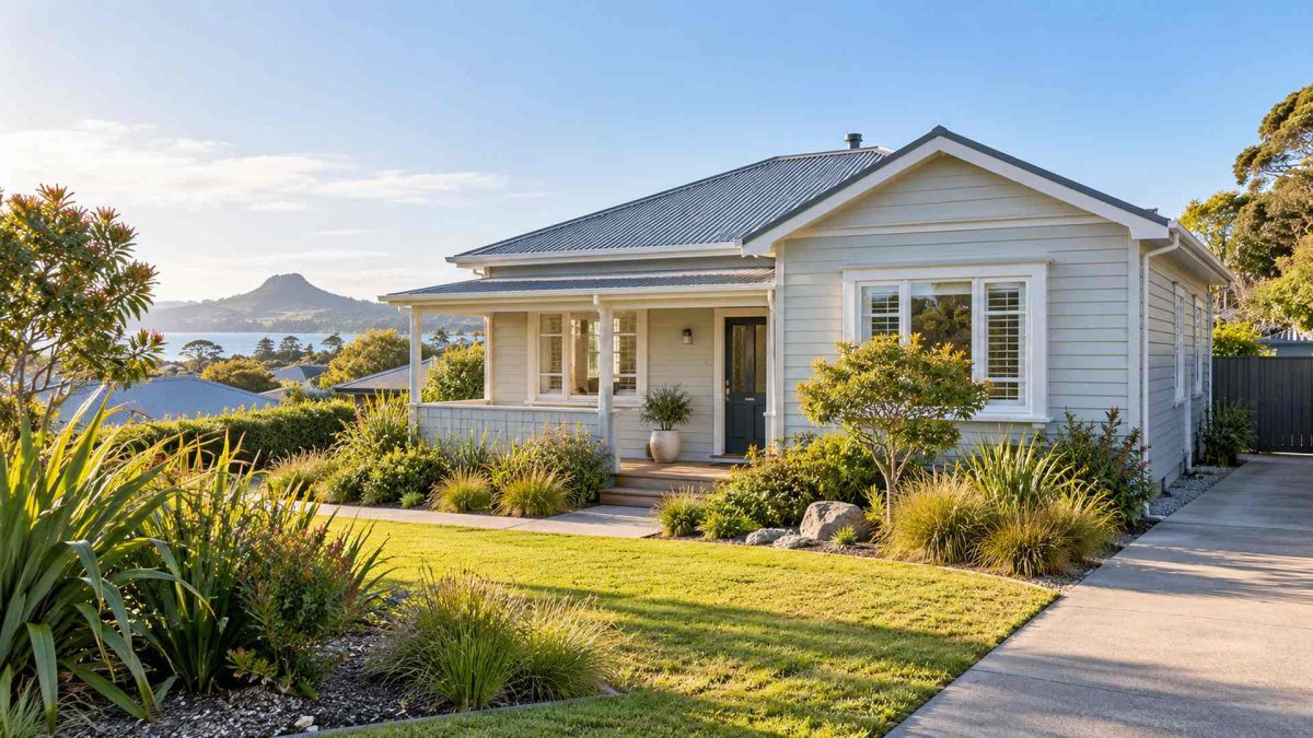 AI-generated illustration of a New Zealand-style weatherboard home with a garden and coastal backdrop.