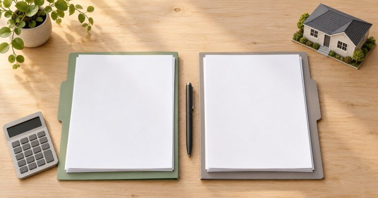 AI illustration of two blank document folders, a pen, calculator and model house, representing home-loan comparison.