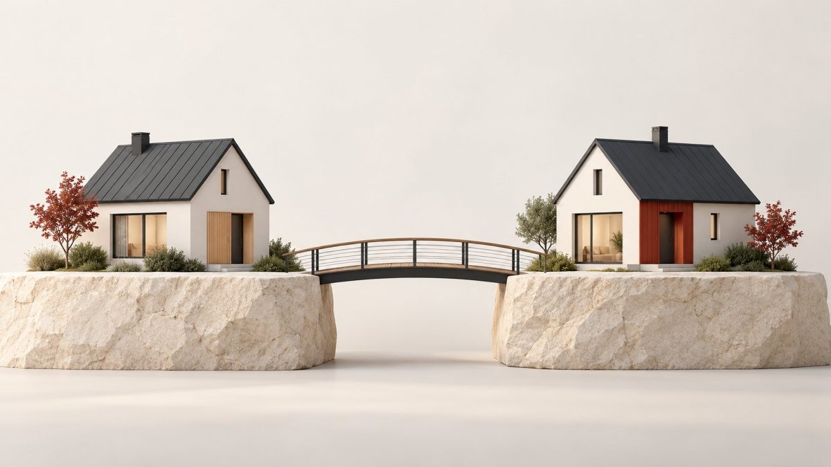 What Is Bridging Finance? | Best Mortgages NZ Two model houses on separate stone platforms connected by a small bridge.