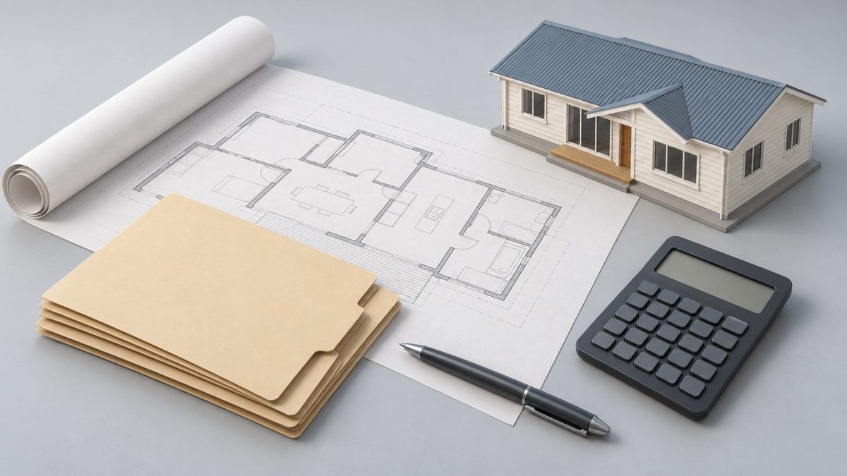 How Construction Loan Drawdowns Work: Documents to Completion | Best Mortgages NZ AI-generated illustration of a model house beside unmarked construction plans, blank folders, a calculator and pen.