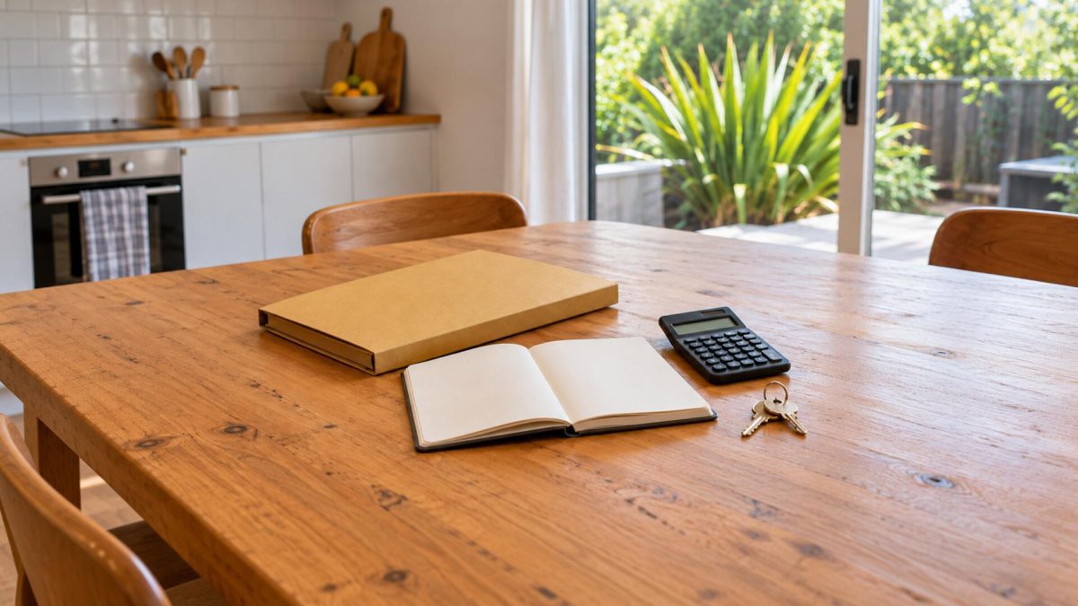 Fixed Mortgage Renewal Checklist: Get Ready for Your Review | Best Mortgages NZ Folder, blank notebook, calculator and house keys on a kitchen table for mortgage renewal preparation.