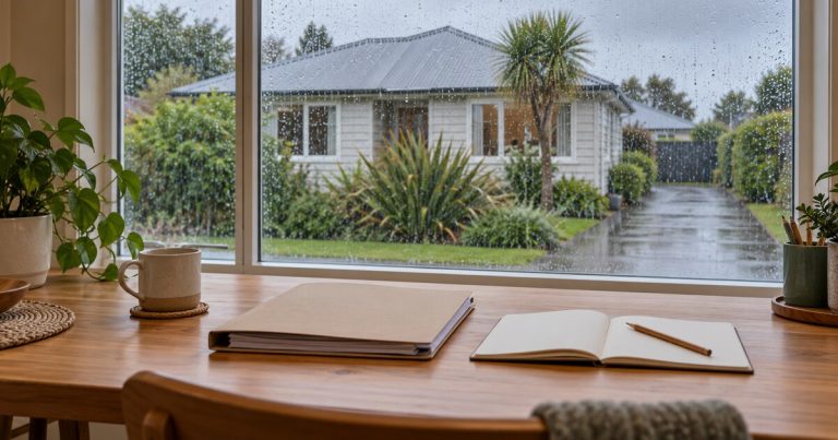 AI-generated illustration of a folder and notebook by a rainy window overlooking a generic New Zealand-style home.