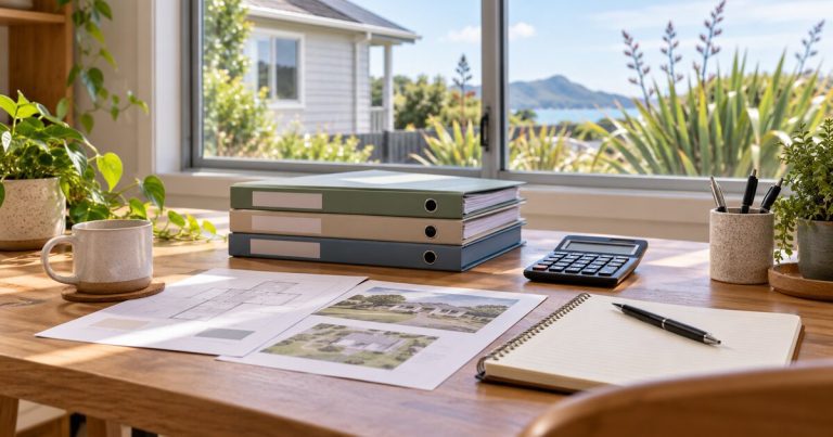 Three document folders, a calculator, property papers and a notebook on a timber desk beside a window.