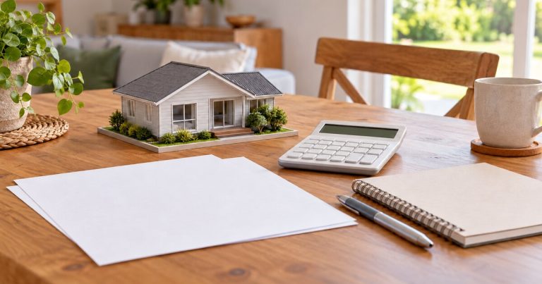 AI illustration of a model house, blank calculator and unmarked papers on a home table.