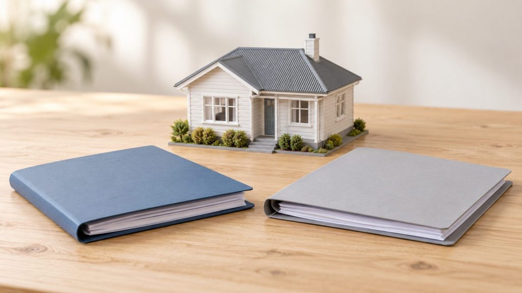 What Is a Second Mortgage? | Best Mortgages NZ AI-generated model house beside two blank document folders on a wooden desk.